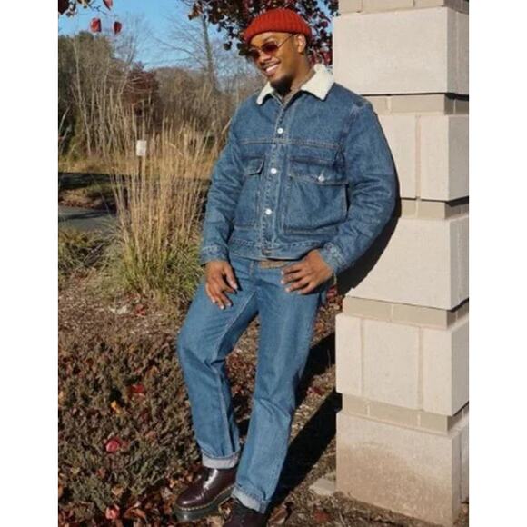 H&M Insulated Sherpa Collar Denim Trucker Puffer Jacket Jean Jacket, Blue - Picture 2 of 14